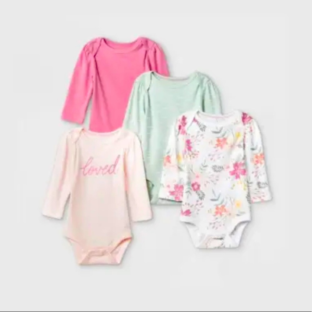 Cloud Island Girls' 4pk Meadow Long Sleeve Bodysuit Pink/White/Green 12M & 0-3M